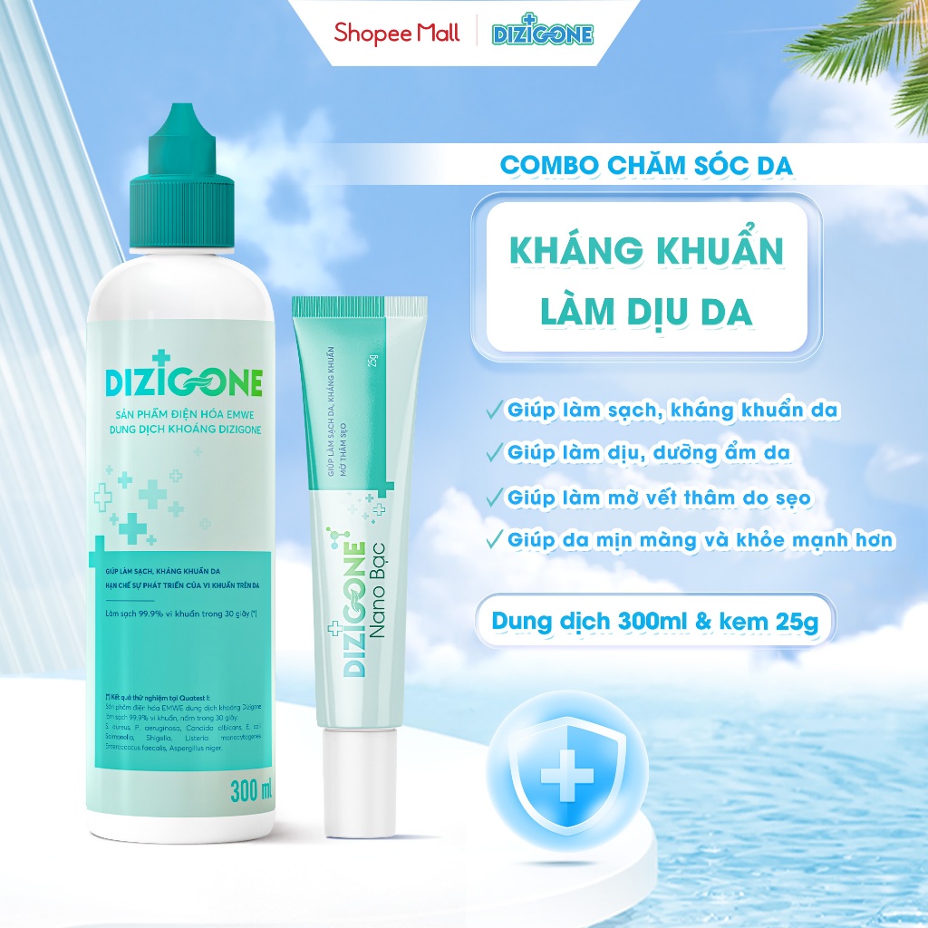 [COMBO] Dung dịch điện hóa DIZIGONE 300ml & Kem DIZIGONE Nano Bạc 25g: Giúp làm sạch, kháng khuẩn, l