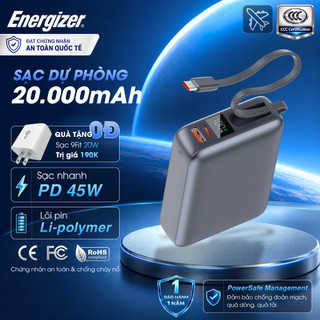 Sạc dự phòng energizer 20,000mah/ 45w, chứng nhận ccc, sạc nhanh pd, chính hãng, bảo hành 1 năm