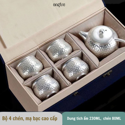 Bộ ấm trà ONGTRE bằng gốm sứ tử sa, mạ bạc nguyên chất, quà tặng sang trọng cho tổ chức, cá nhân