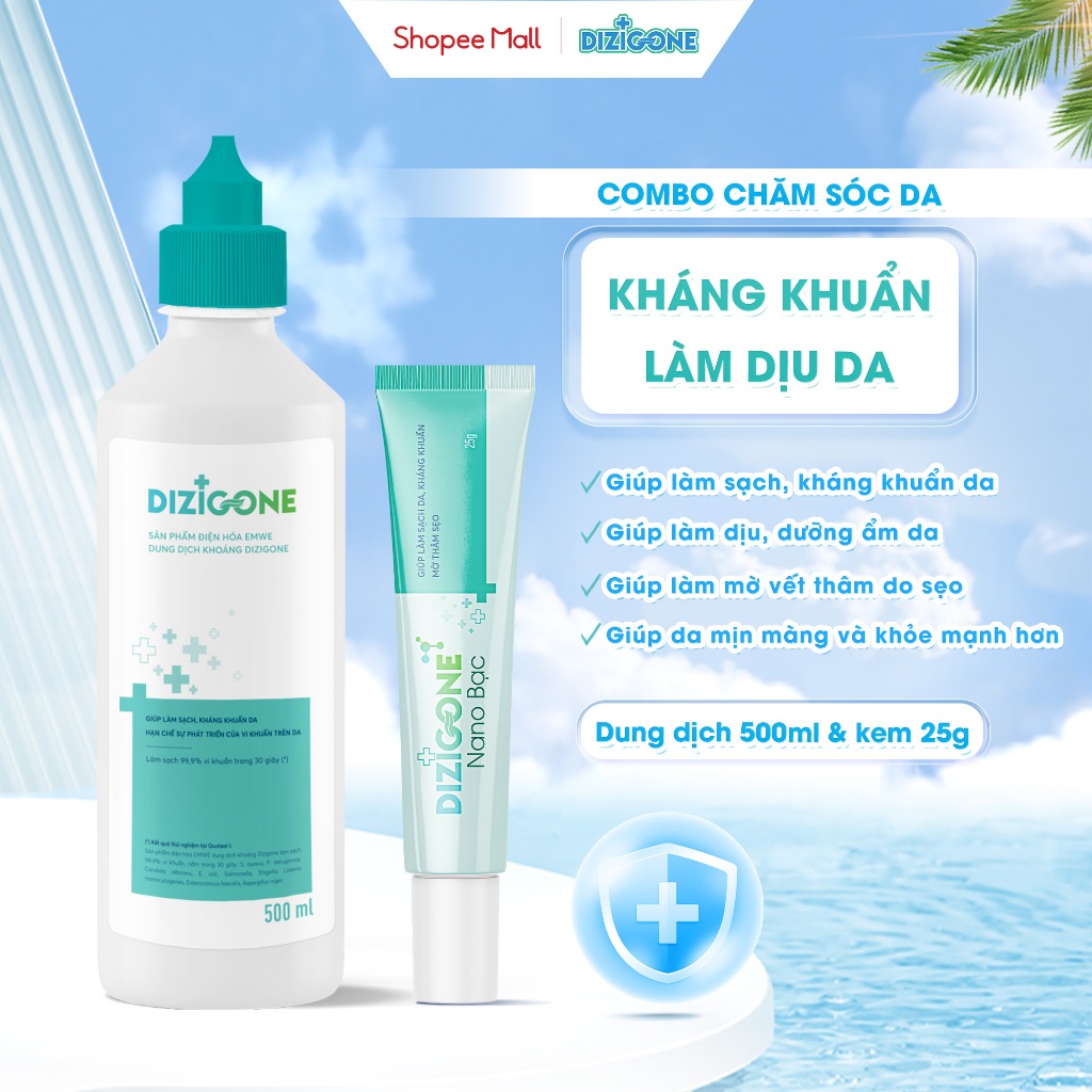 [COMBO] Dung dịch điện hóa DIZIGONE 500ml & Kem DIZIGONE Nano Bạc 25g: Giúp làm sạch, kháng khuẩn, l