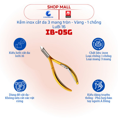[HỎA TỐC] Kềm inox cắt da 3 mang tròn vàng 1 chống Kềm AAA - IB-05G - Lưỡi 16 - Hàng chính hãng