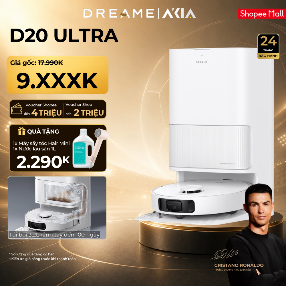 Robot hút bụi lau sàn Dreame D20 Ultra - Lực hút 13.000Pa - Trạm sạc đa năng rảnh tay đến 100 ngày -