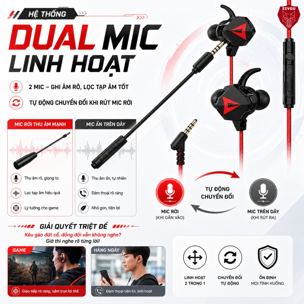 Tai Nghe Gaming Nhét Tai ZIYOU GH5 Âm Thanh Super Bass, Chống Ồn, Có Mic Tháo Rời, Tặng Bộ Phụ Kiện | BigBuy360 - bigbuy360.vn
