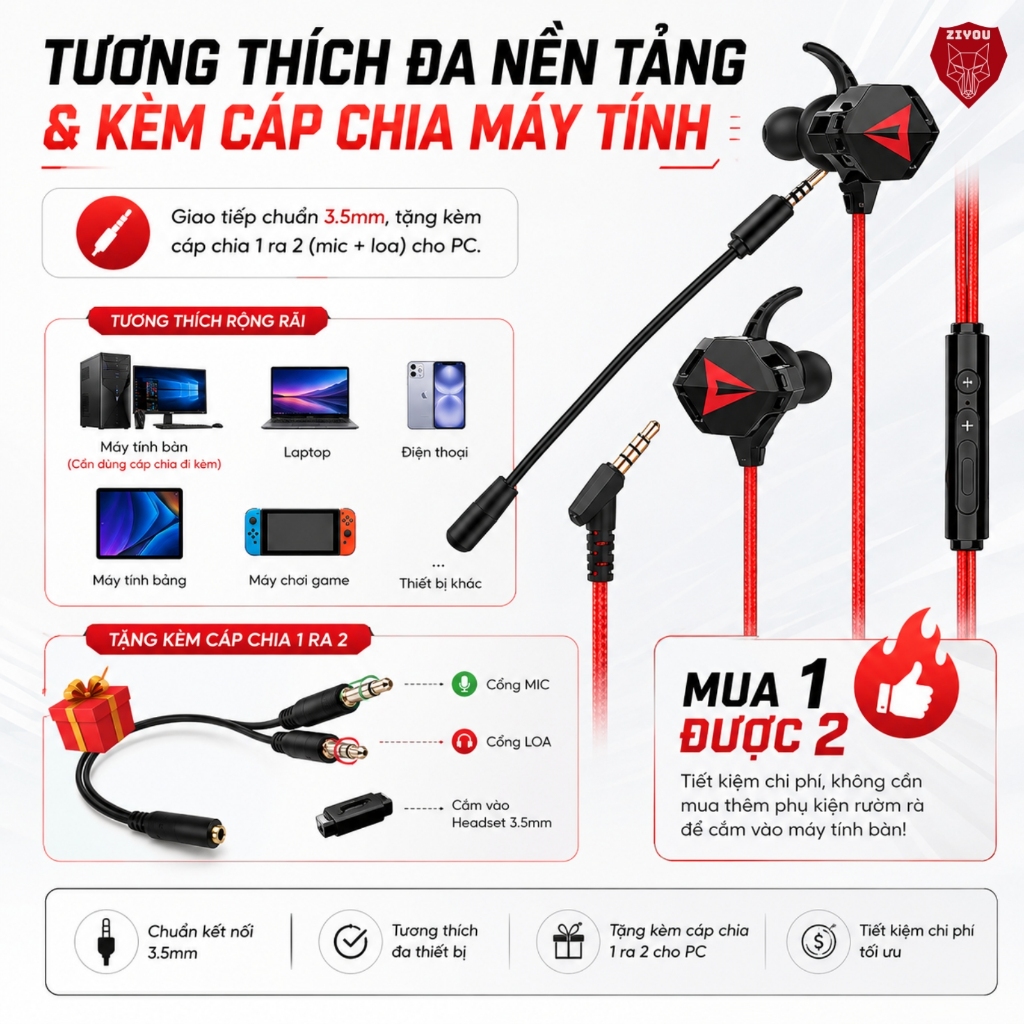 Tai Nghe Gaming Nhét Tai ZIYOU GH5 Âm Thanh Super Bass, Chống Ồn, Có Mic Tháo Rời, Tặng Bộ Phụ Kiện | BigBuy360 - bigbuy360.vn