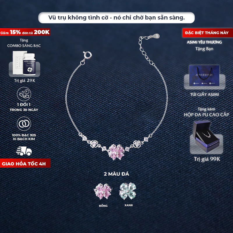 Lắc tay bạc S925 Cỏ 4 Lá Xoay Asimi Forever LT59 1