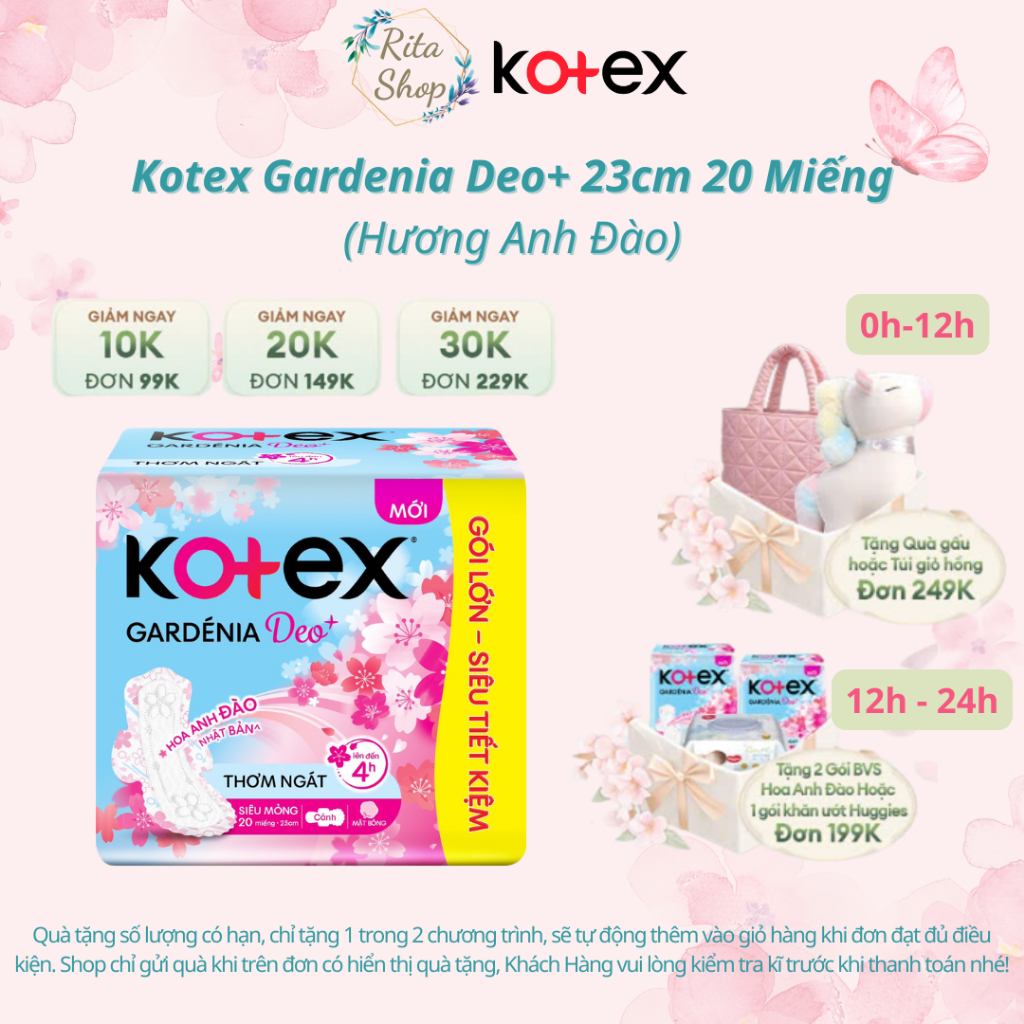 Băng Vệ Sinh Kotex Gardenia Deo+ - Hoa Anh Đào Siêu Mỏng Cánh 23cm 20 Miếng