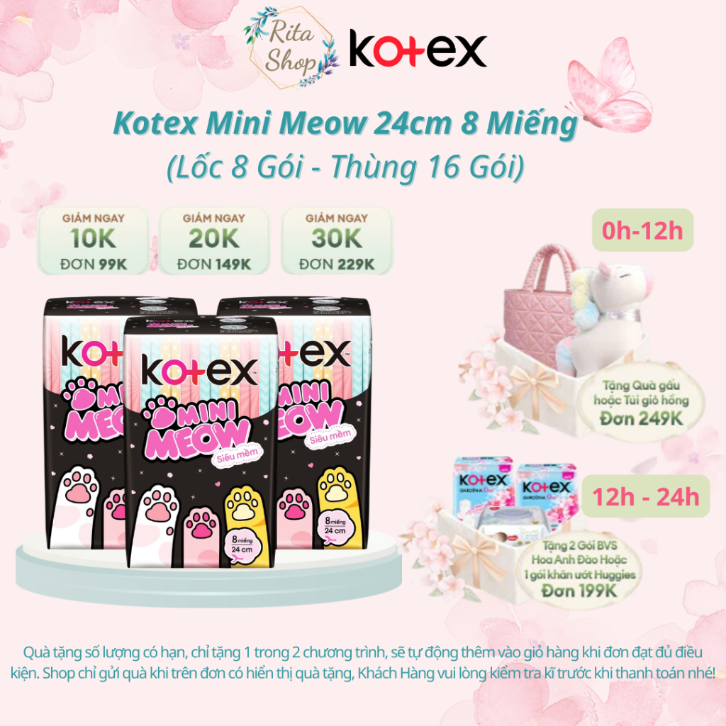 [LỐC 8 GÓI] Băng Vệ Sinh Kotex MiniMeow - Siêu Mỏng cánh 24cm 8 miếng