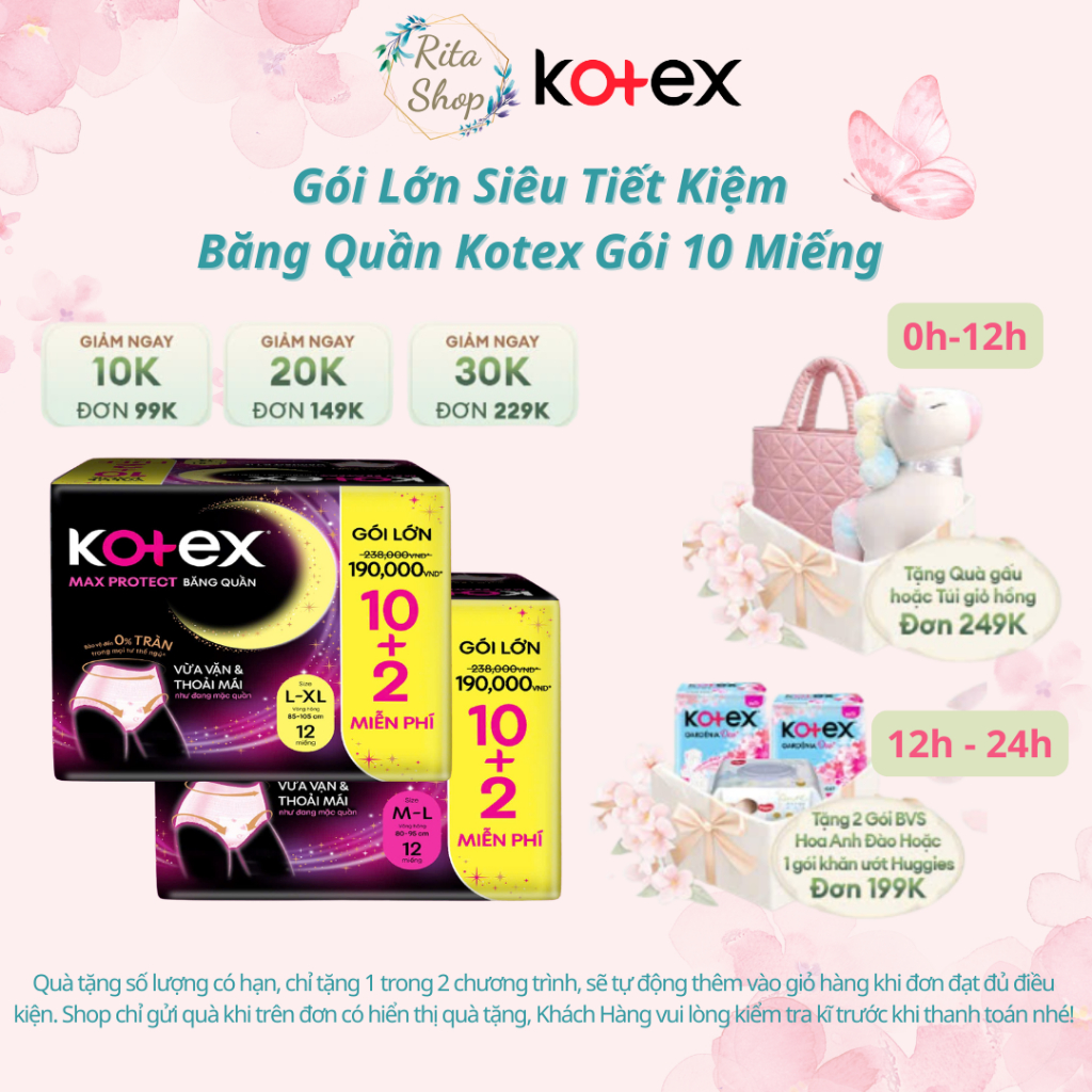 [TẶNG THÊM 2 MIẾNG] Băng Quần Kotex Maxprotect Size M-L / L-XL 10+2 Miếng - Siêu Thấm Hút (Rita Shop