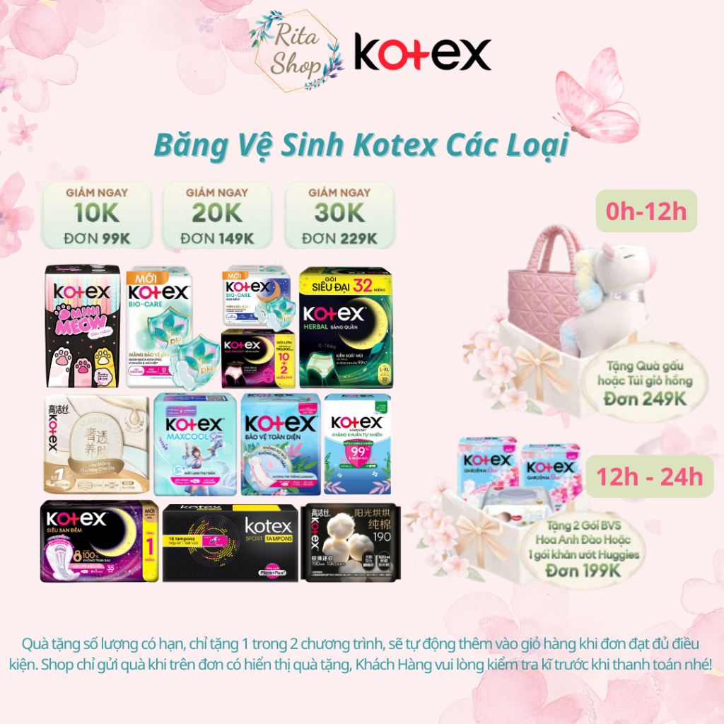 BĂNG VỆ SINH KOTEX SIÊU MỎNG KHÔ THOÁNG BẢO VỆ / MINIMEOW / HÀNG NGÀY KHÁNG KHUẨN / BAN ĐÊM DẠNG QUẦ
