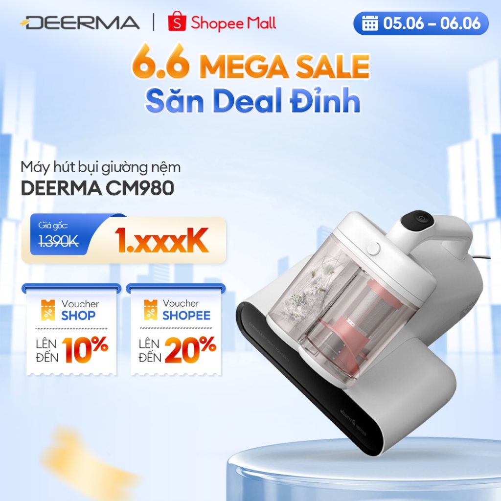 Máy hút bụi giường nệm Deerma CM980 lực hút 13000Pa sấy khô bằng khí nóng, kèm tia UV khử khuẩn - Bả