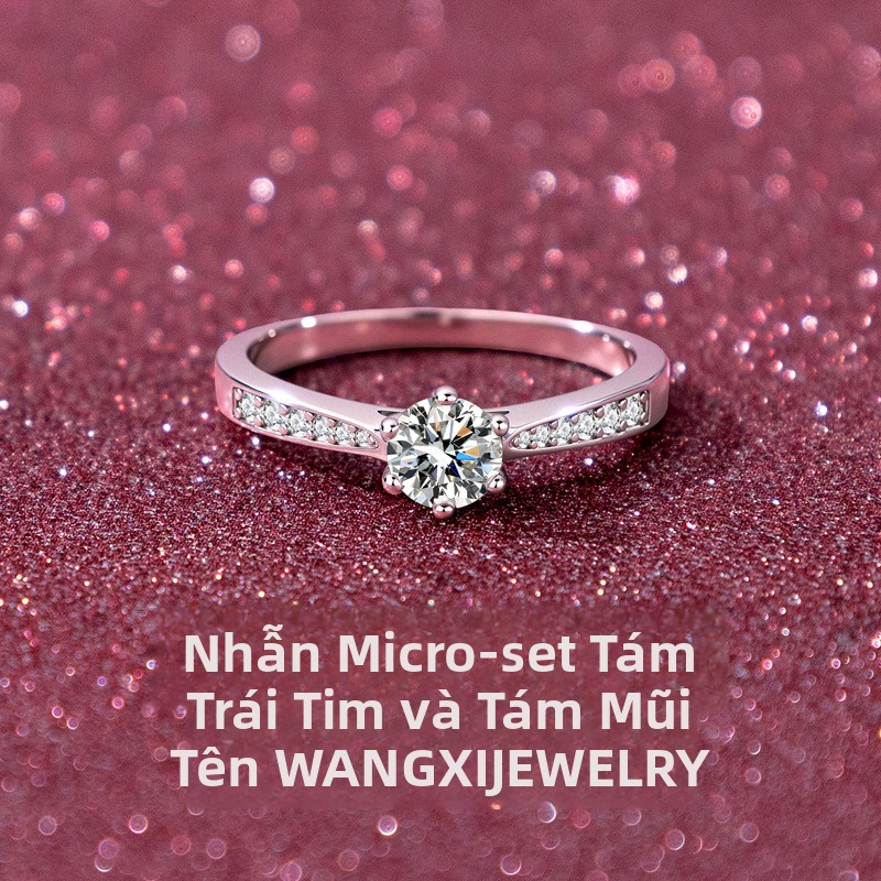 Bộ nhẫn cưới cặp phong cách Hàn, nhẫn nữ sáu vuốt đính vi đá Moissanite 1 carat cắt 8 tim 8 mũi