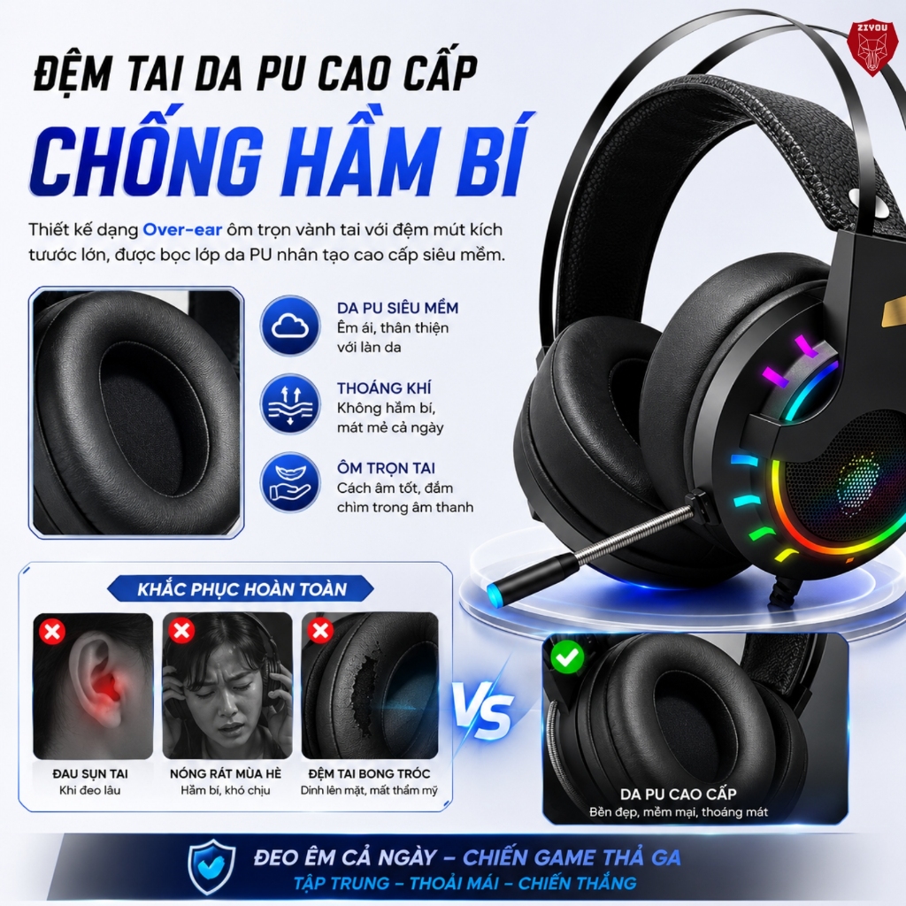 Tai Nghe Gaming Chụp Tai ZIYOU K3 LED RGB, Micro 360 Độ Lọc Tạp Âm Chiến Game Cực Đã, Chống Ồn Tốt | BigBuy360 - bigbuy360.vn
