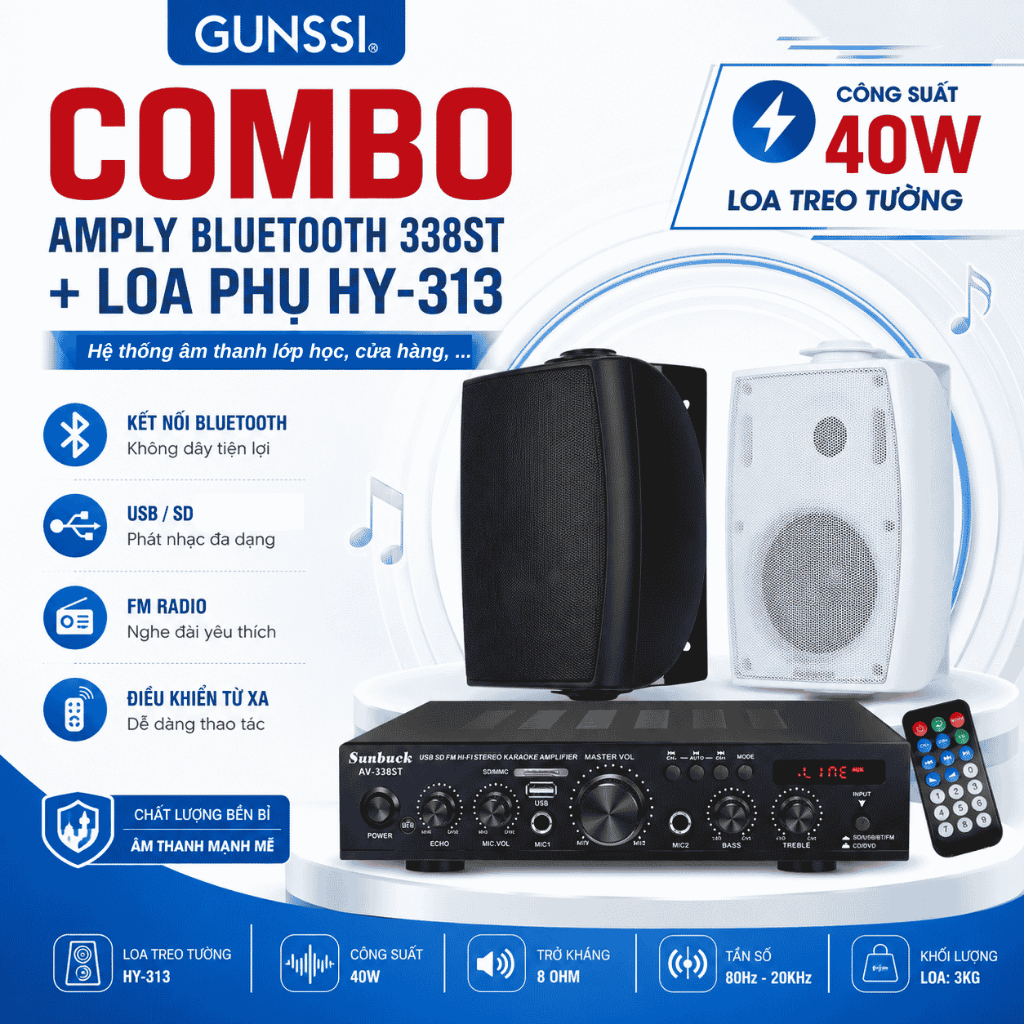 Combo Loa treo tường HY-313 và Amply Bluetooth AV-338ST, Loa cho cửa hàng, quán ăn, lớp học