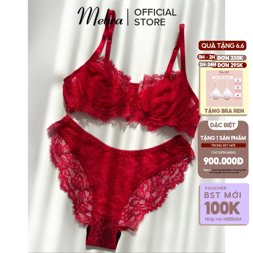 ROSE l Bộ đồ lót ren nữ gợi cảm ren mi đỏ áo bra áo ngực có gọng nâng không mút quần lót cánh tiên M