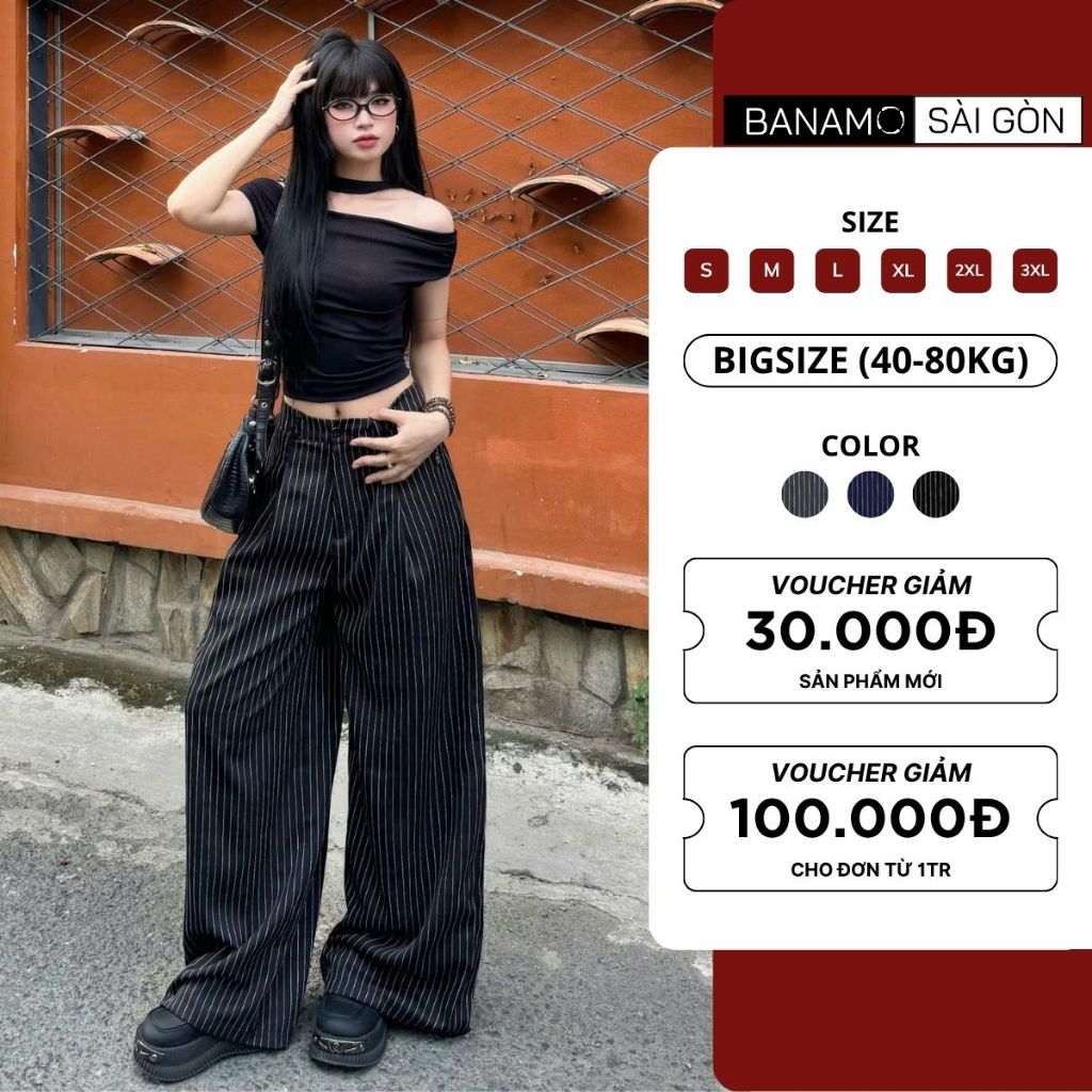 Quần ống rộng BIGSIZE Banamo Sài Gòn quần suông kẻ sọc Striped Pants trẻ trung phong cách Hàn Quốc 9