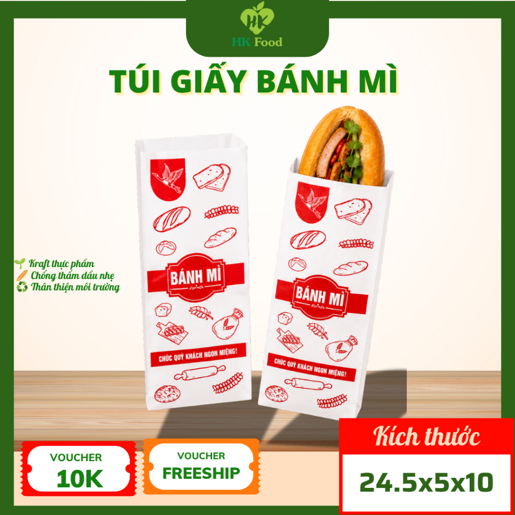 Túi Giấy Kraft Đựng Bánh Mì Food Grade HK FOOD | Combo 500-1000 Túi | 24.5x4.5x10cm | HĐT