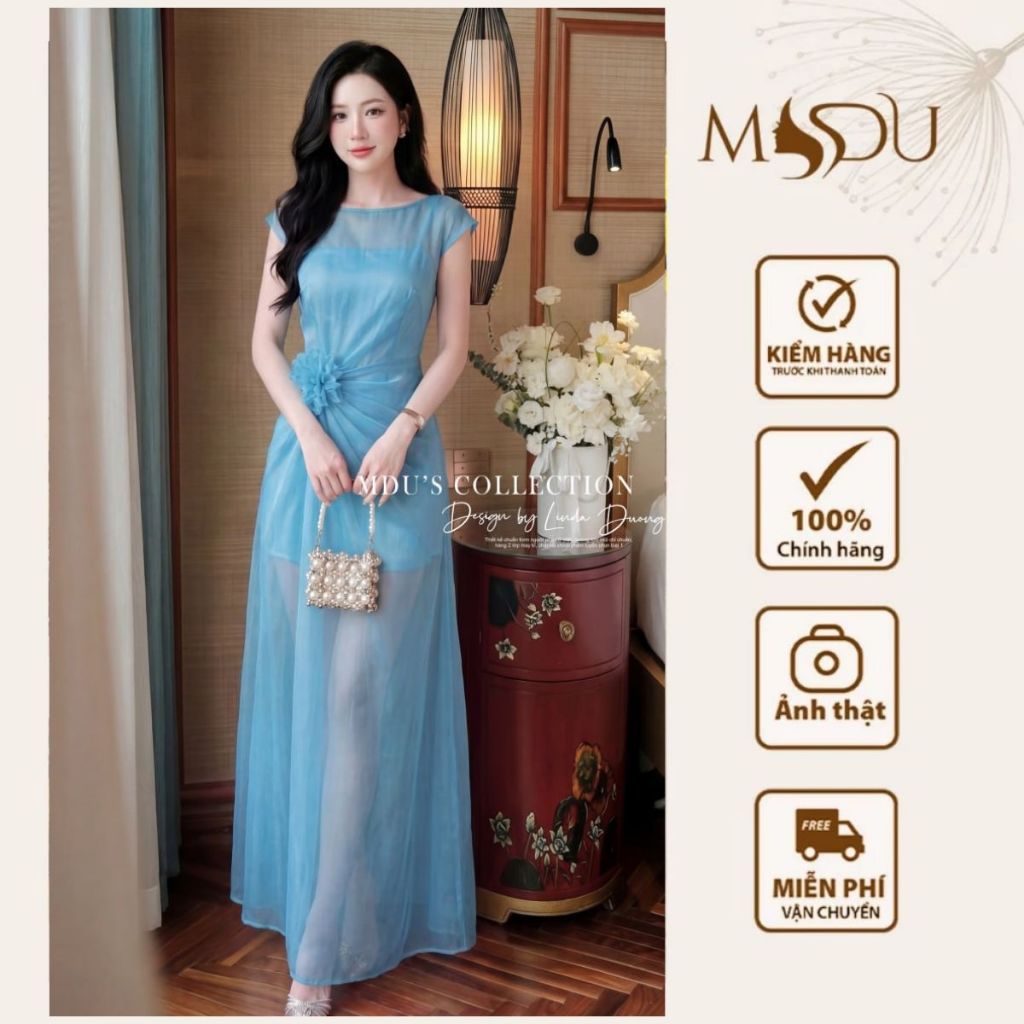 Váy Thiết Kế MDU6412 Tơ Óng Hàn Xanh Dương Dáng Dài Nhún Eo Thanh Lịch
