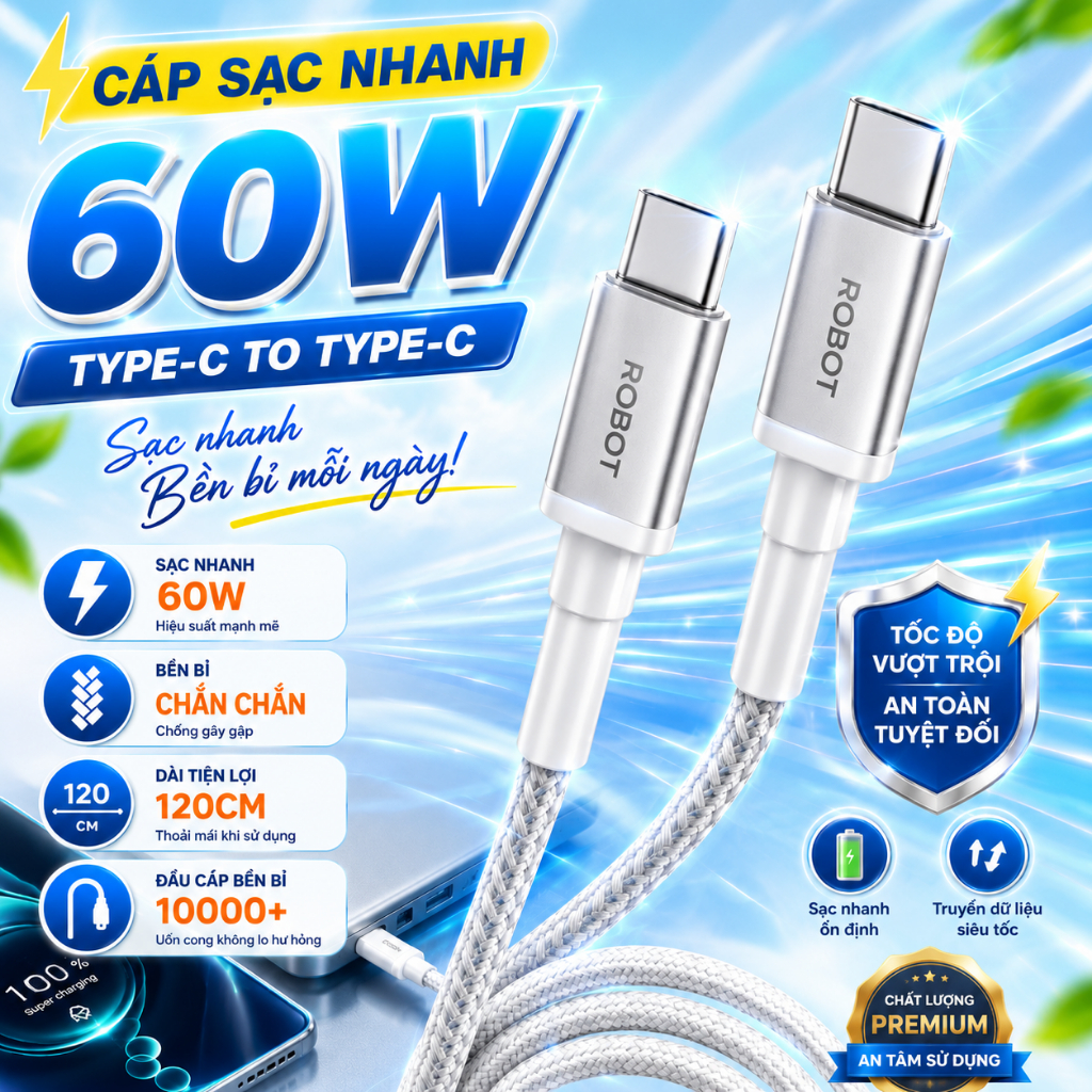Cáp Sạc Nhanh PD 60W Type-C to Type-C Chất Liệu Dù Dài 1,2m - Robot RSCC120/ C to L RSCL120