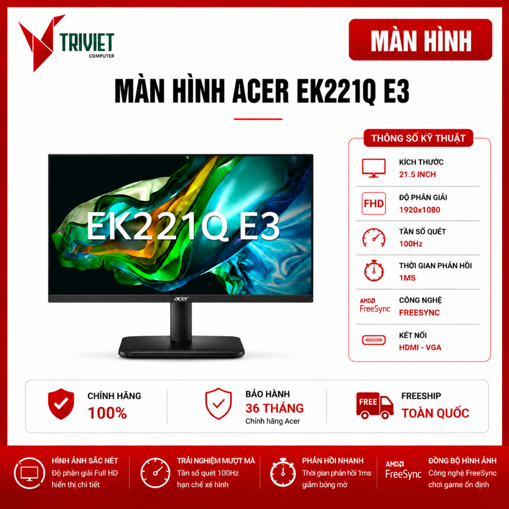 Màn Hình Acer EK221Q E3 UM.WE1SV.301 (21.5 inch - FHD - IPS - 100Hz - 1ms - FreeSync) - Gaming & Văn