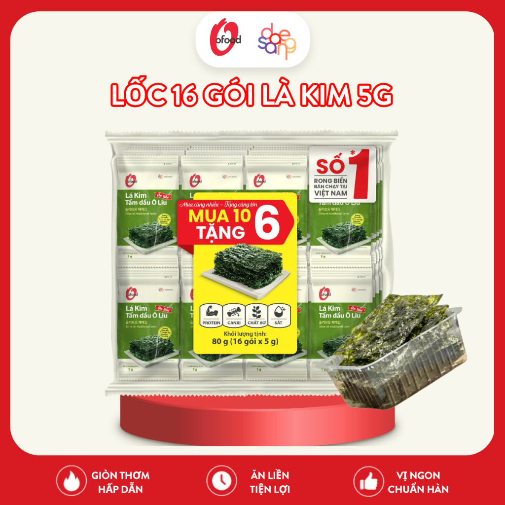 [Mua 10 tặng 6] Lốc 16 gói lá kim tẩm dầu oliu 5g O'food