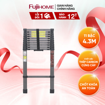 Thang rút đơn thép carbon Fujihome STL 2,7m đến 5,9m chân đế cao su chống trượt, chốt khóa an toàn