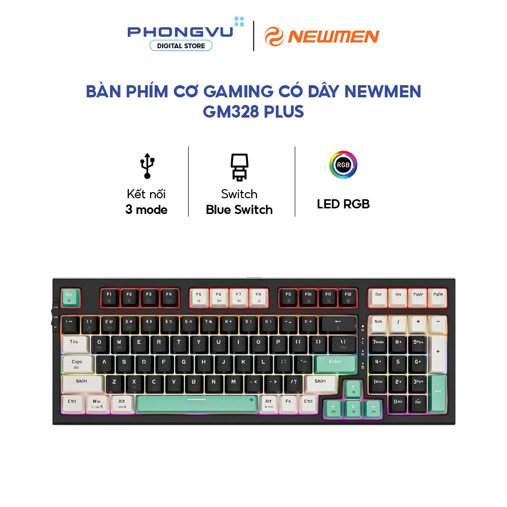 Bàn phím cơ Gaming có dây Newmen GM328 Plus, Blue Switch (Black-Apricot-Blue) - Bảo hành 24 tháng