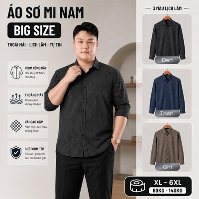 Áo Sơ Mi Bigsize Nam 80-140kg AKYOO, Áo Sơ Mi Dài Tay, Chất Vải Mịn, Chống Nhăn - SM VIEN GHI, THAN, DEN
