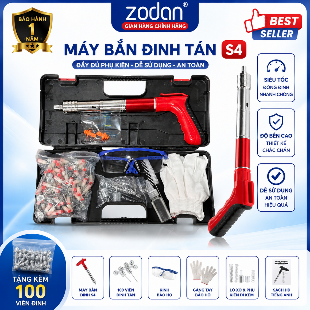 Máy Bắn Đinh Tán S4 Cao Cấp - Dụng Cụ Bắn Đinh Cầm Tay Đa Năng Cho Tường Gỗ Bê Tông, Kèm Phụ Kiện