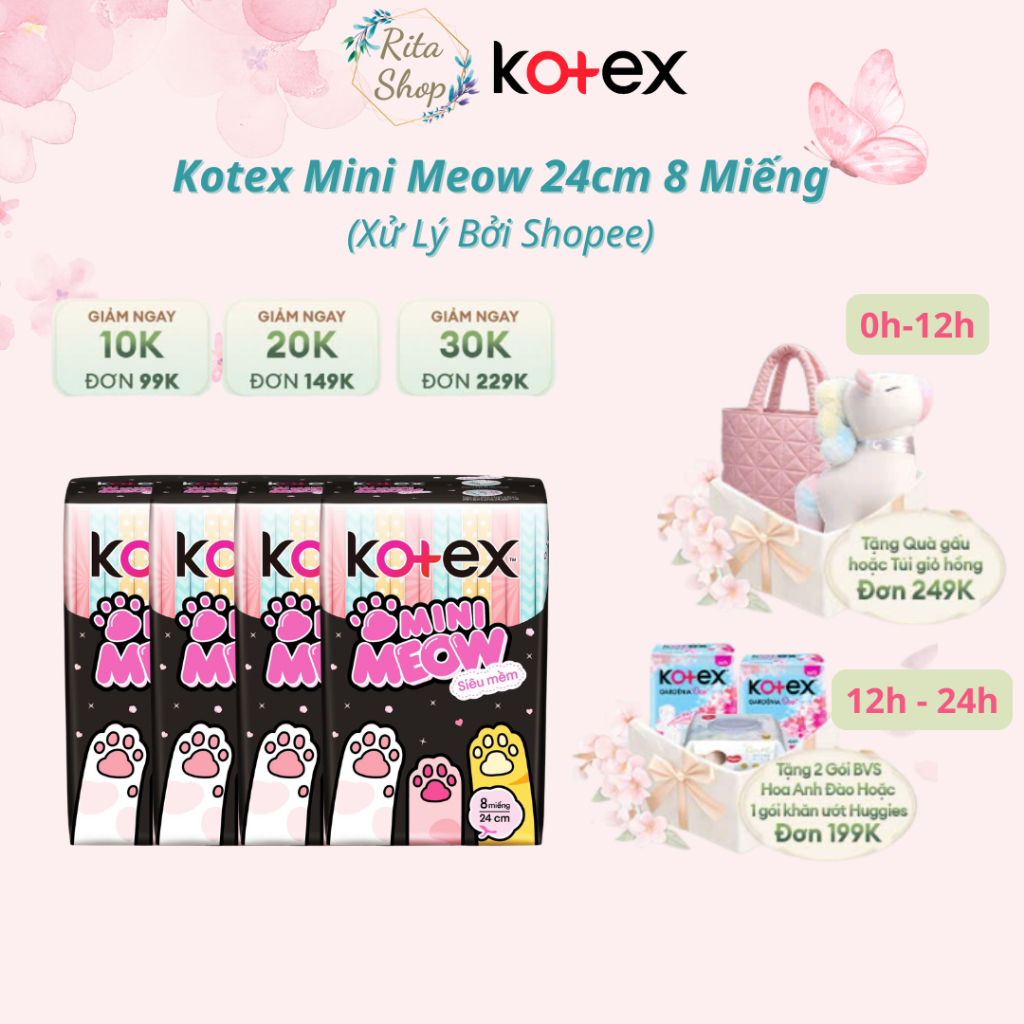 [Xử lý bởi Shopee] Băng Vệ Sinh Kotex MiniMeow - Siêu Mỏng Cánh 24cm 8 miếng
