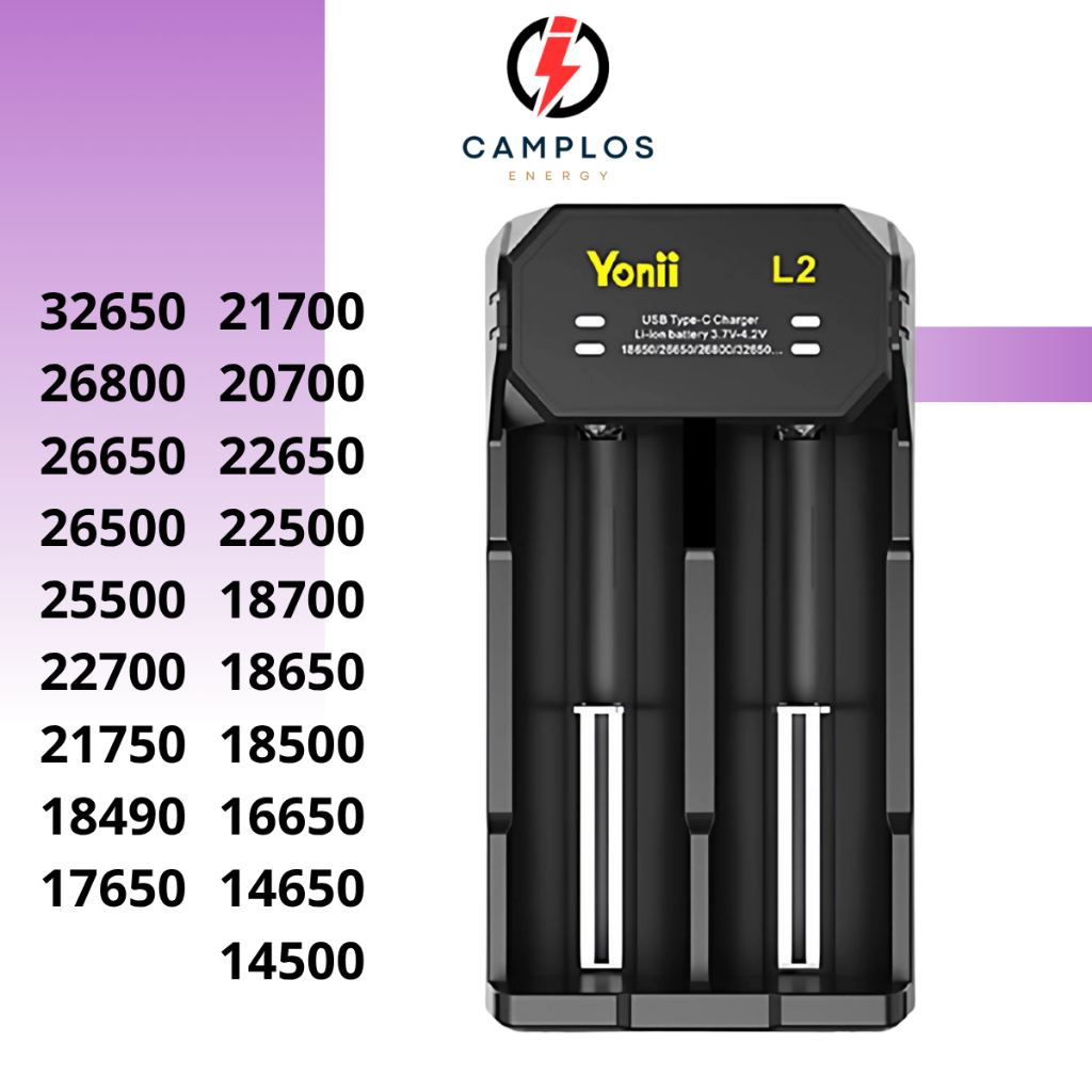 CAMPLOS Bộ sạc nhanh 2 khe căm pin lithium 26800 21700 18650 Yonii L2 bộ sạc 2 pin 26800