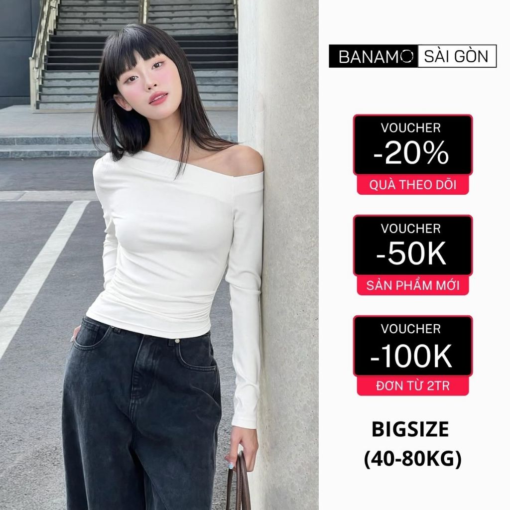 Áo nữ BIGSIZE Banamo Sài Gòn áo thun lệch vai nhún eo cá tính năng động 3111