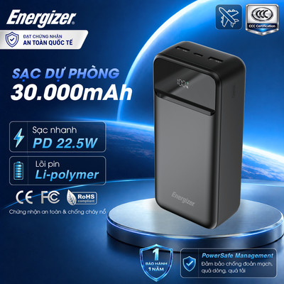 Sạc Dự Phòng Energizer 30,000mAh /3.7V, Sạc nhanh 20W, Chứng nhận CCC, Chính Hãng, Bảo Hành 1 Năm
