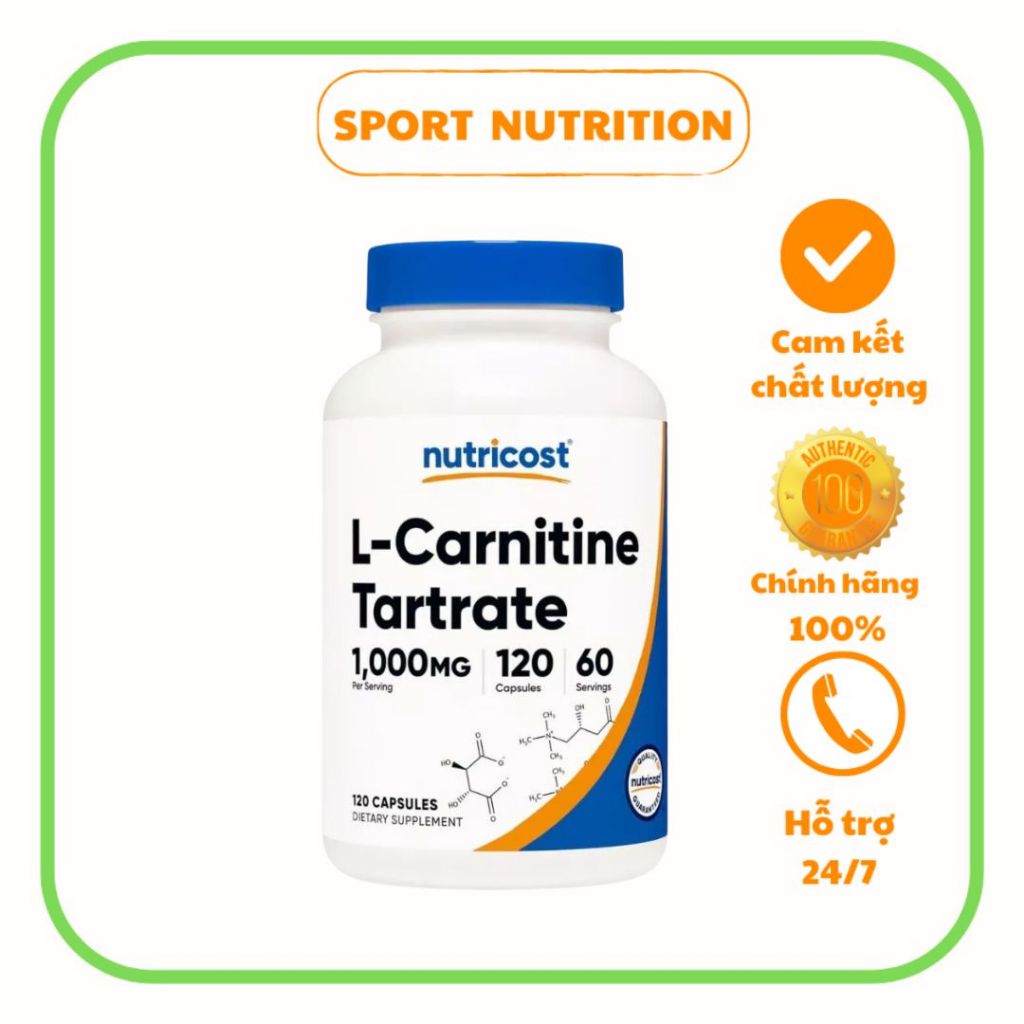 Viên uống Nutricost L-Carnitine Tartrate 1000mg giúp chuyển hóa chất béo thành năng lượng cho cơ thể
