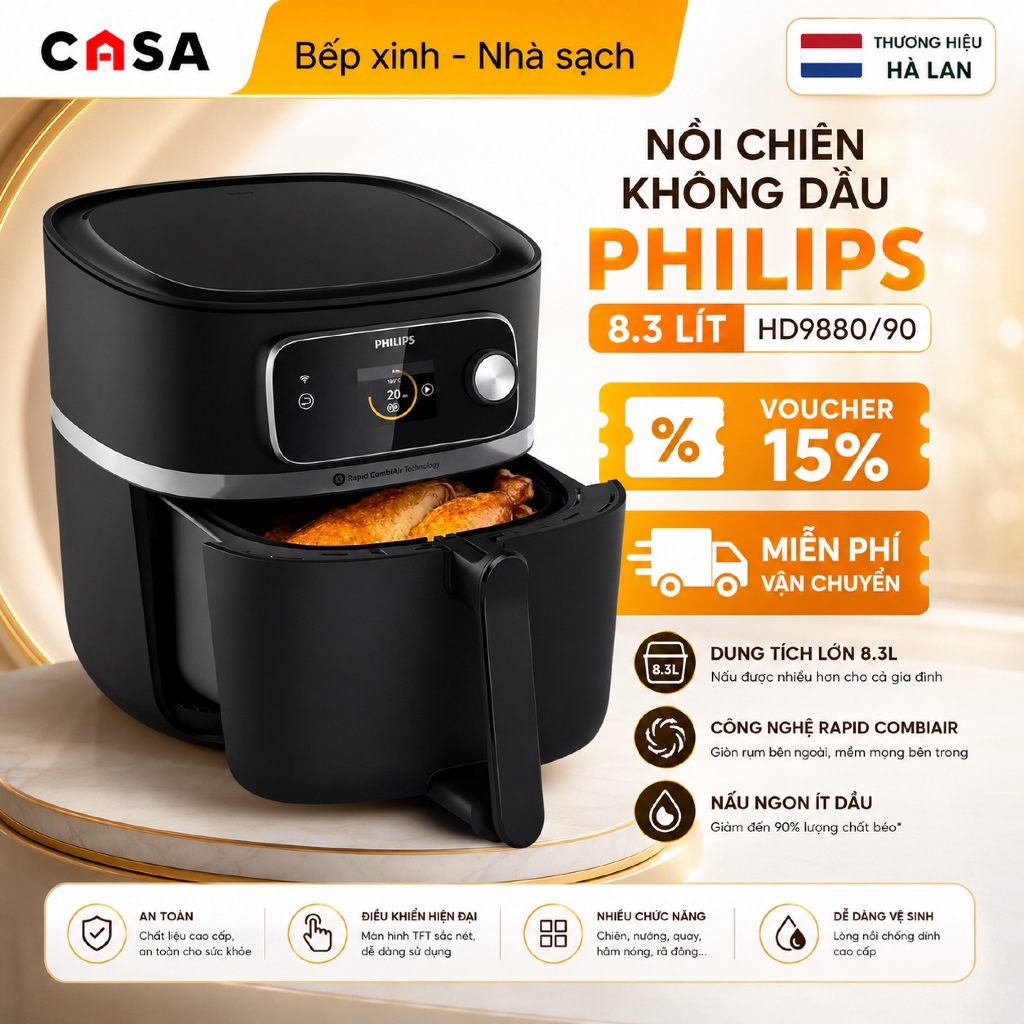 Nồi Chiên Không Dầu Philips 8.3 Lít HD9880/90