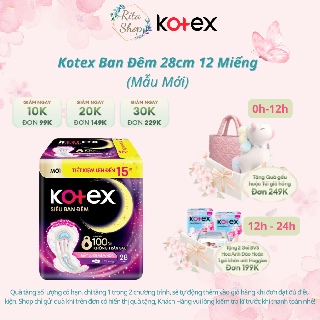 Băng Vệ Sinh Ban Đêm Kotex Siêu Ban Đêm 28cm 12 Miếng