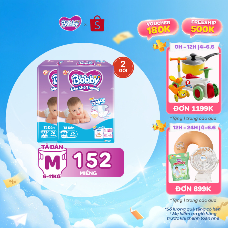 Combo 2 tã dán Bobby S80/M76/L68/XL62/XXL56 mới- Lõi nén cotton-soft 3mm