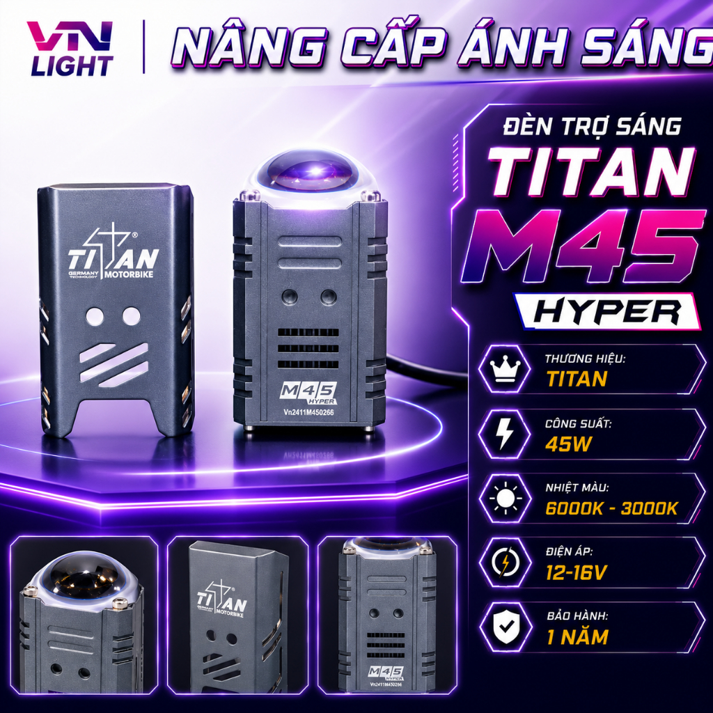 Đèn Trợ Sáng Titan M45 Hyper 45W Chính Hãng Siêu Sáng Cos Pha Rõ Nét Bám Đường Tốt Cao Cấp BH 1 Năm