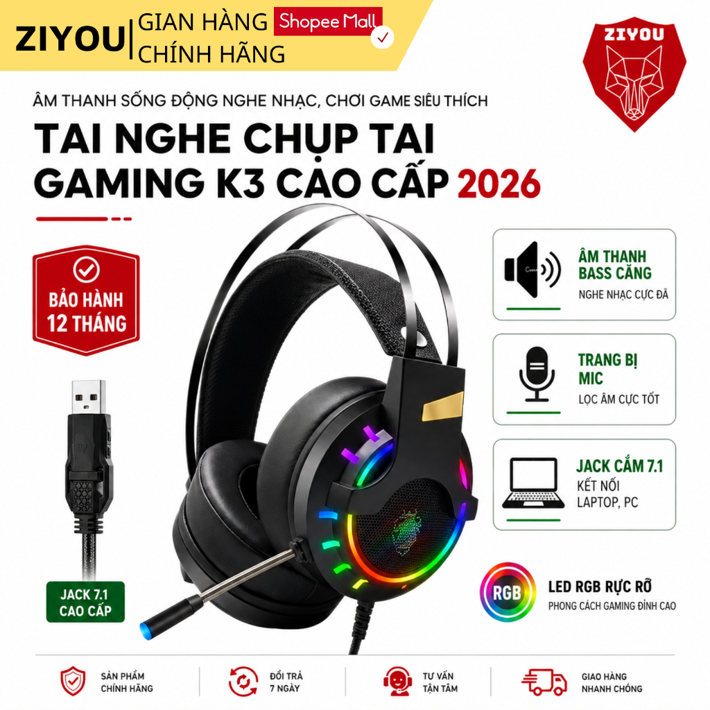 Tai Nghe Gaming Chụp Tai ZIYOU K3 LED RGB, Micro 360 Độ Lọc Tạp Âm Chiến Game Cực Đã, Chống Ồn Tốt | BigBuy360 - bigbuy360.vn