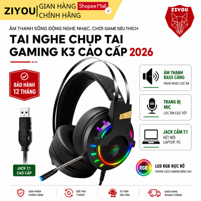 Tai Nghe Gaming Chụp Tai ZIYOU K3 LED RGB, Micro 360 Độ Lọc Tạp Âm Chiến Game Cực Đã, Chống Ồn Tốt