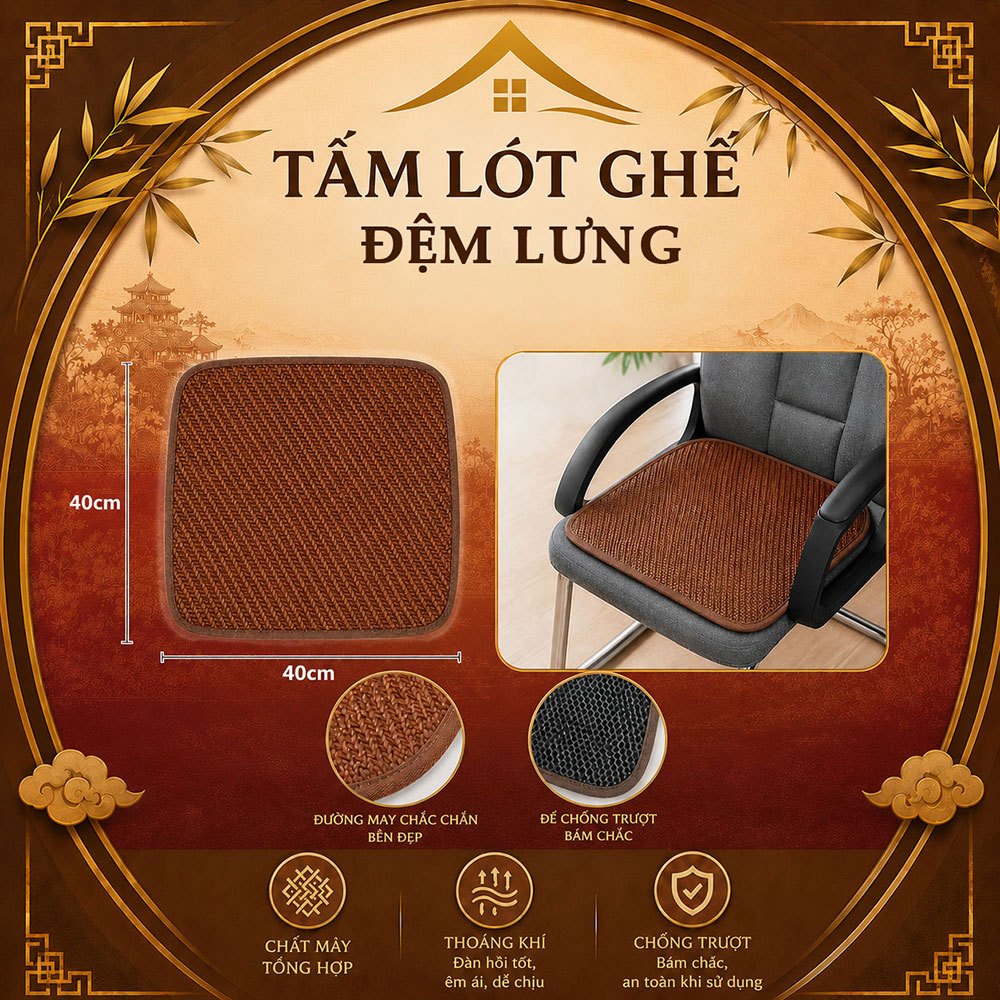 Tấm Lót Ghế Đệm Lưng Mây Đan 40x40cm - Mây Tổng Hợp Điều Hòa Thoáng Mát, Có Lớp Đệm, Chống Trượt, Viền Vải, Dễ Vệ Sinh