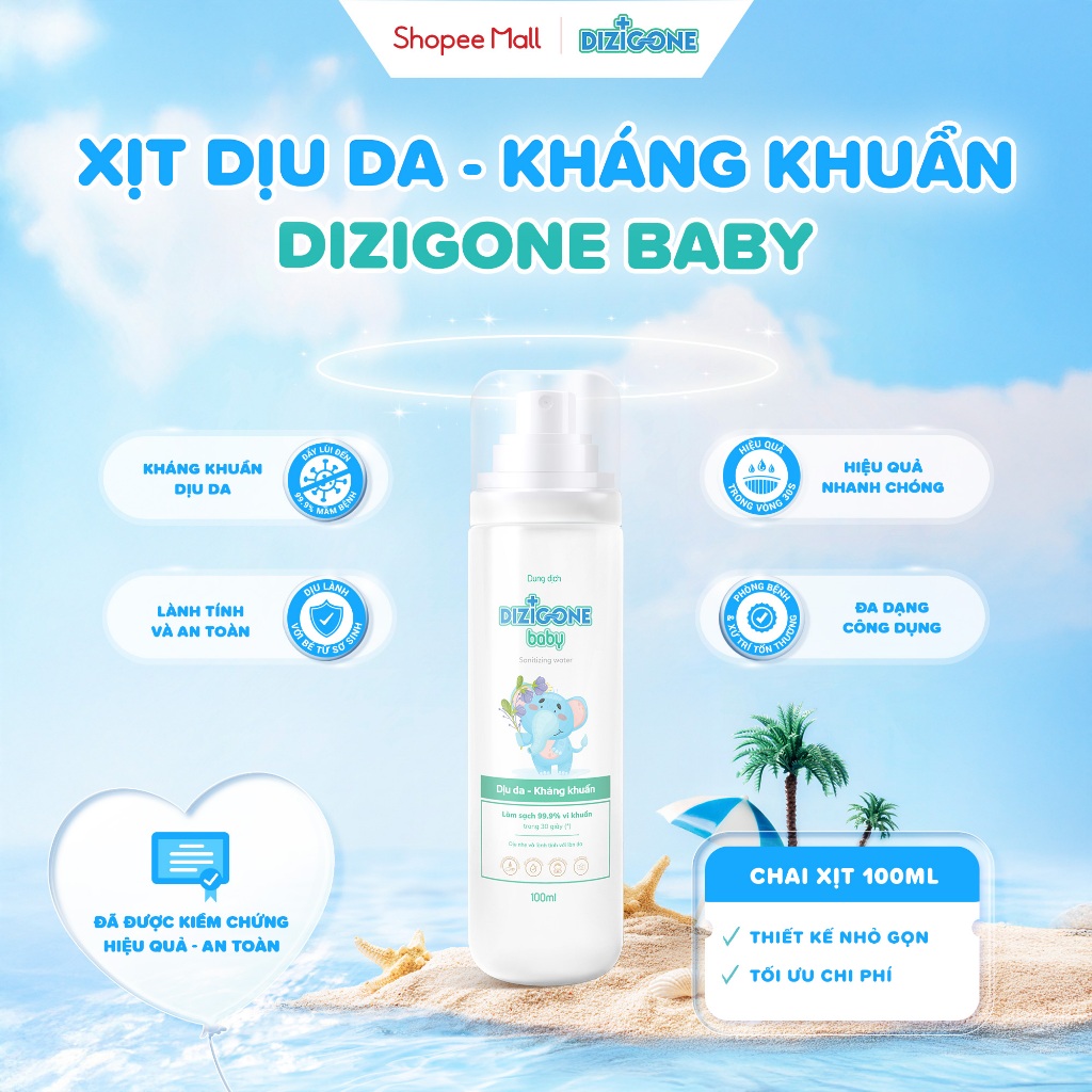 Dung dịch DIZIGONE Baby - Chai xịt 100ml: Giúp làm sạch, kháng khuẩn và làm dịu da cho bé