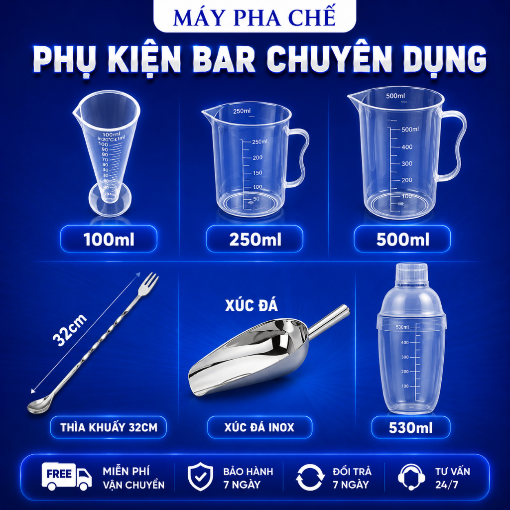 Combo Dụng Cụ Pha Chế 6 Món Giá Sỉ Gồm Bình Lắc Jigger Muỗng Khuấy Dành Cho Quán Cafe Bar