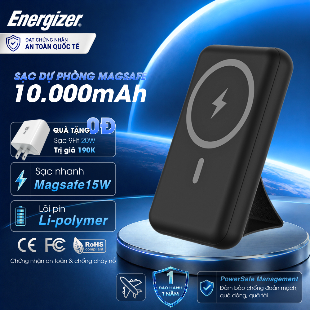 Sạc Dự Phòng Không Dây Magsafe Energizer 10.000mAh Sạc Nhanh PD 22.5W, 3 Cổng Sạc Ra, Bảo Hành 1 Năm