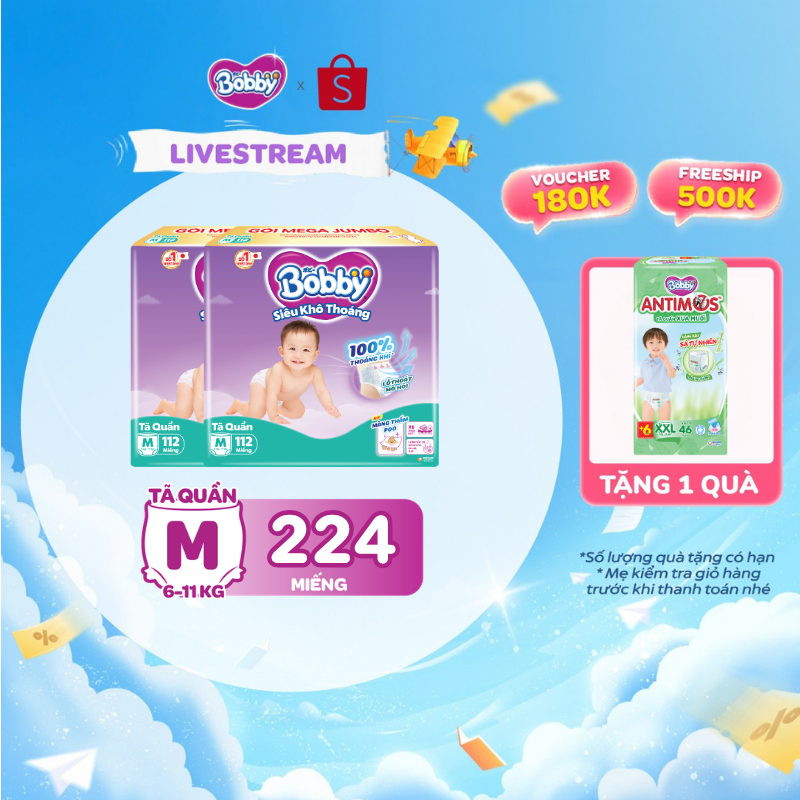 [KOL] [TẶNG MIẾNG] Combo 02 tã quần Bobby Siêu Khô Thoáng - 100% Thoáng Khí Mega Jumbo M112/L96/XL84