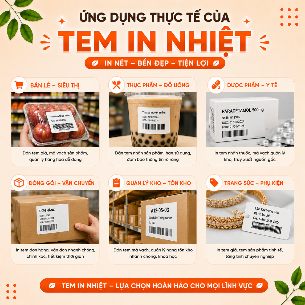 [20 CUỘN] TEM IN NHIỆT MÃ VẠCH CUỘN TRẮNG TỰ DÍNH - GIẤY DECAL NHIỆT IN TEM GIÁ,TEM KHO,TEM HÀNG HÓA