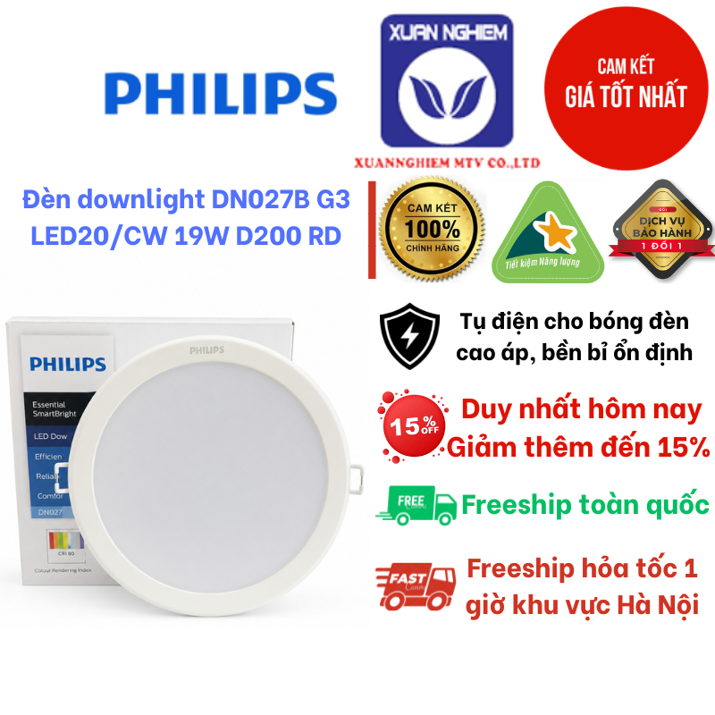 Đèn âm trần lỗ cắt 200 ánh sáng trắng Philips DN027B G3 LED20/CW 19W 220-240V D200 RD
