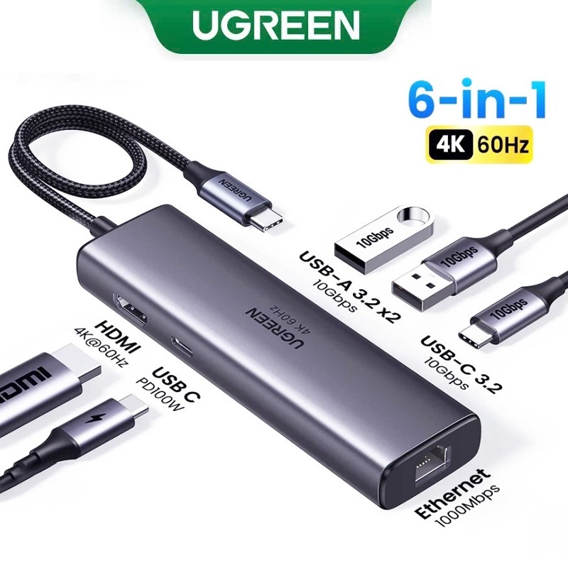 HUB 6 in 1 Bộ chuyển đổi USB Type C sang Sạc PD 100W, HDMI 4K@60Hz,USB 3.0, LAN Gigabit 1000Mbps Ugr
