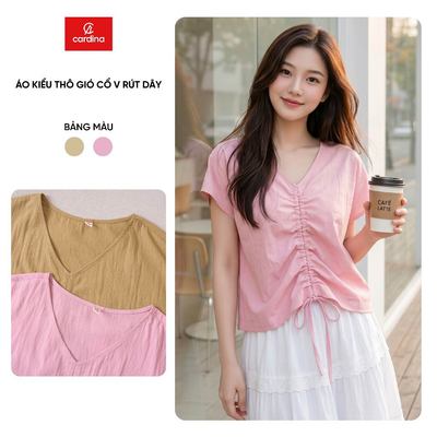Áo kiểu nữ CARDINA chất liệu thô gió cổ V rút dây 6AKC36