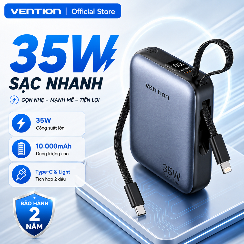 Pin Sạc Dự Phòng 10000mAh Vention 35W Hỗ Trợ PD Có Sẵn Dây USB-C & Light Thiết Kế Nhỏ Gọn Cho Phone 