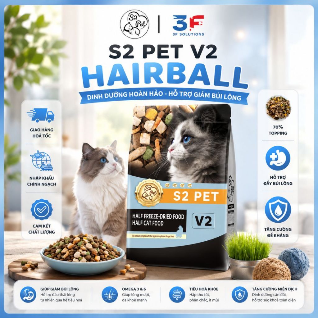 Hạt Mèo S2PET V2 – 55% Topping Thịt Tươi – Đạm Cao – Bóng Lông | 3FStore
